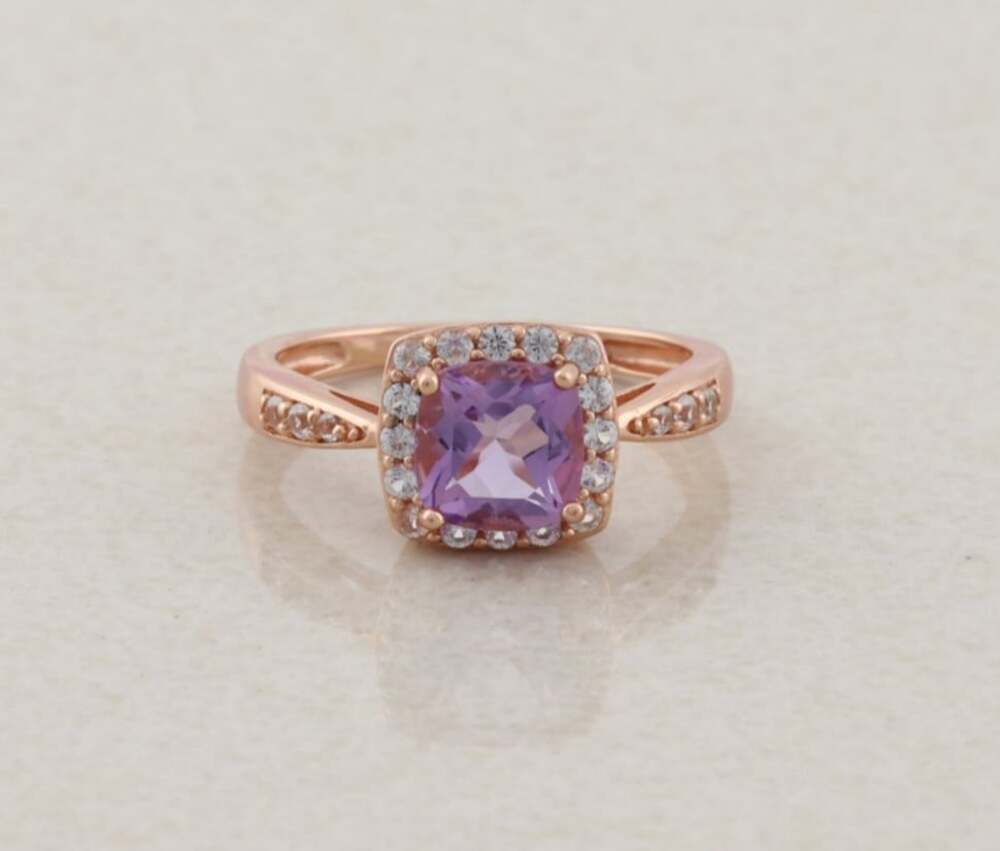 18k Rose Gold over Sterling Natural Amethyst and White Topaz Halo Ring size 7